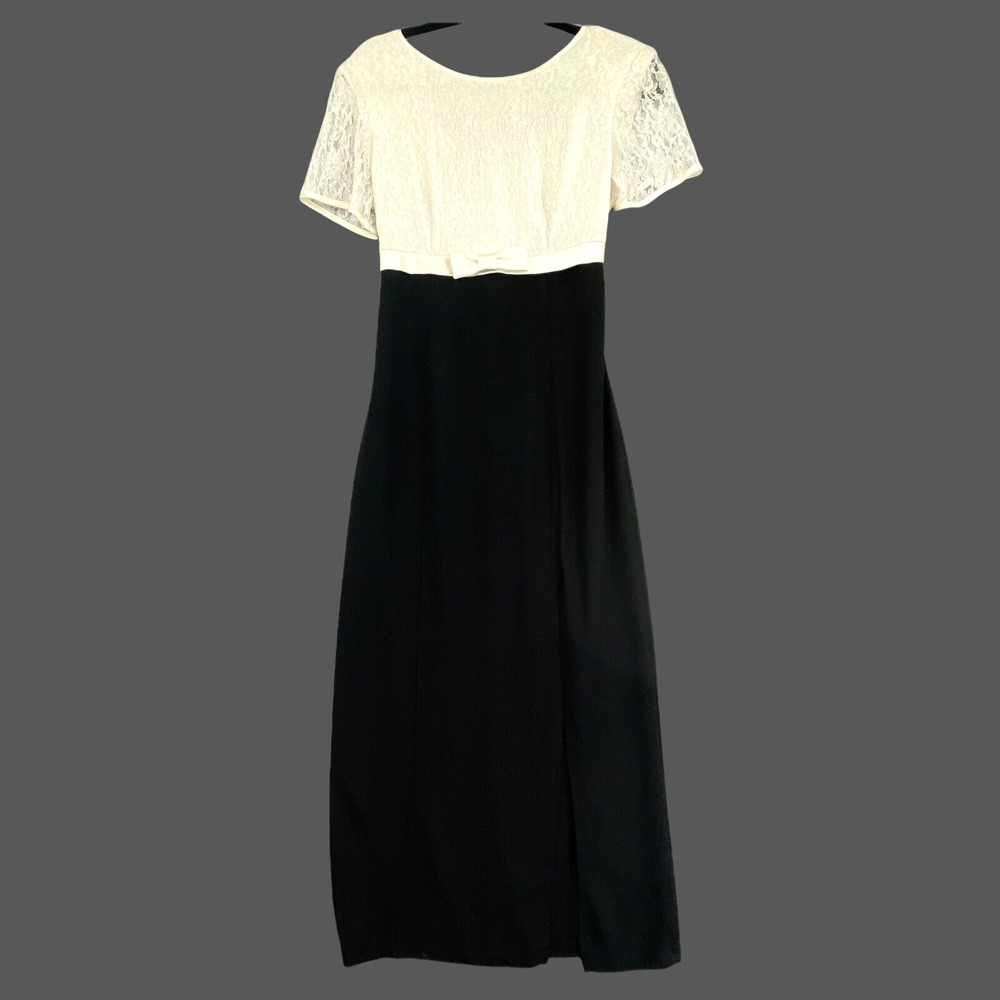 VTG 90s Dress 7/8 Empire Waist Black White Lace Maxi Event Elegant Party Modest